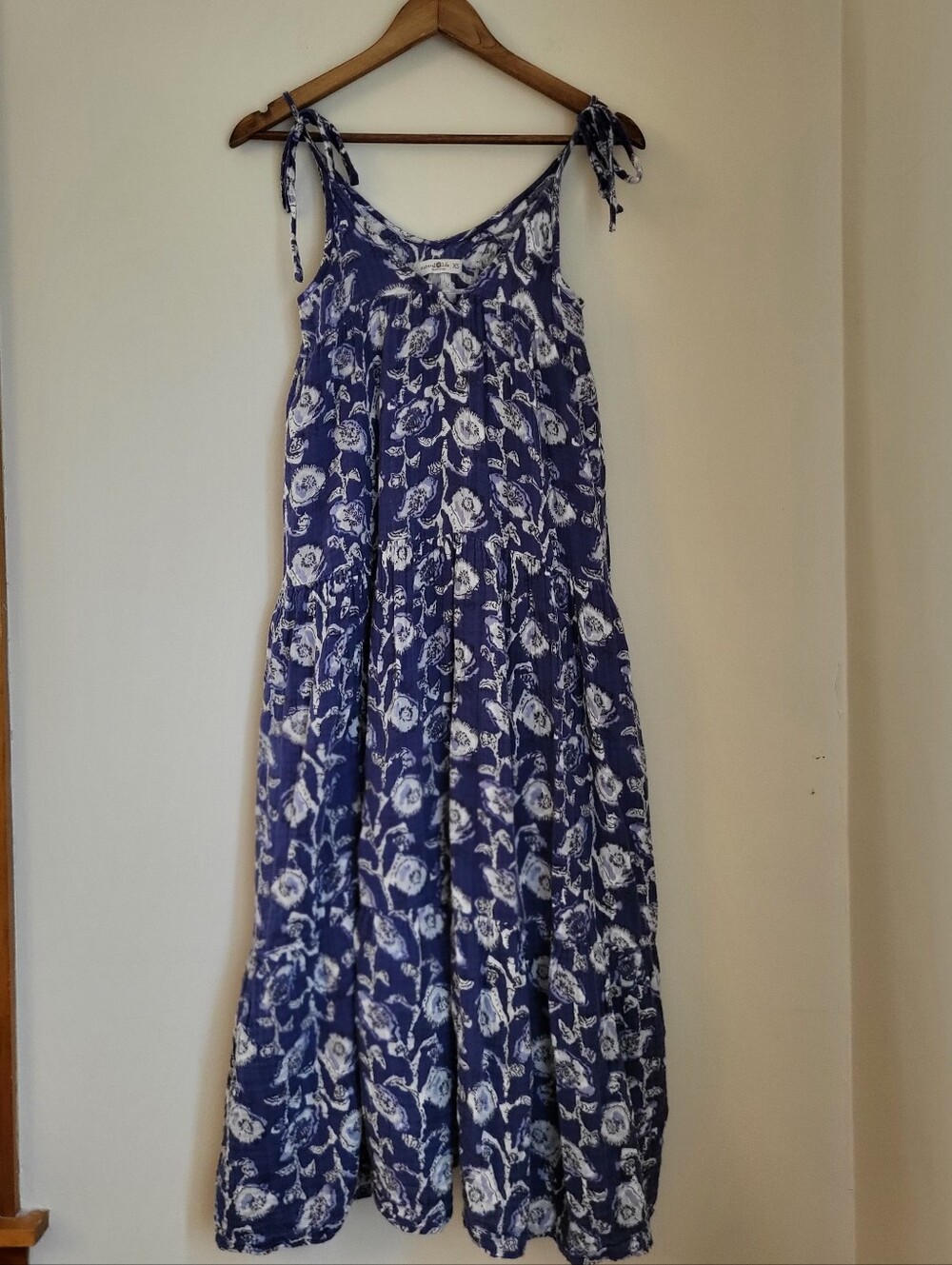 Natural Life XS Brooklyn Blue Floral Cotton Gauze Tie Strap Maxi Dress